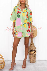 Summer Days Unique Fruit Print Loose Shirt and Elastic Waist Shorts Set