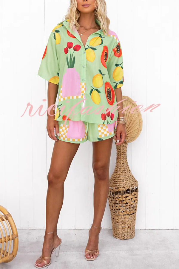 Summer Days Unique Fruit Print Loose Shirt and Elastic Waist Shorts Set