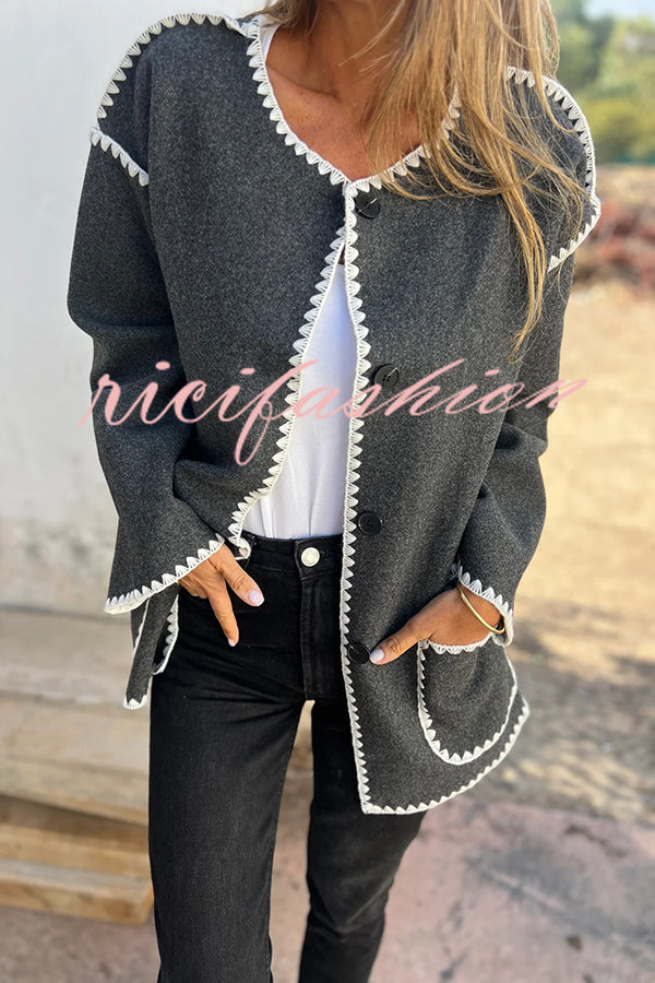 Stylish Loose Pocket Long Sleeve Coat and Warm Fringed Scarf