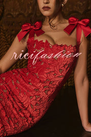 Holiday Intimacy Embroidered Floral Lace Bow Shoulder Straps Slit Maxi Dress