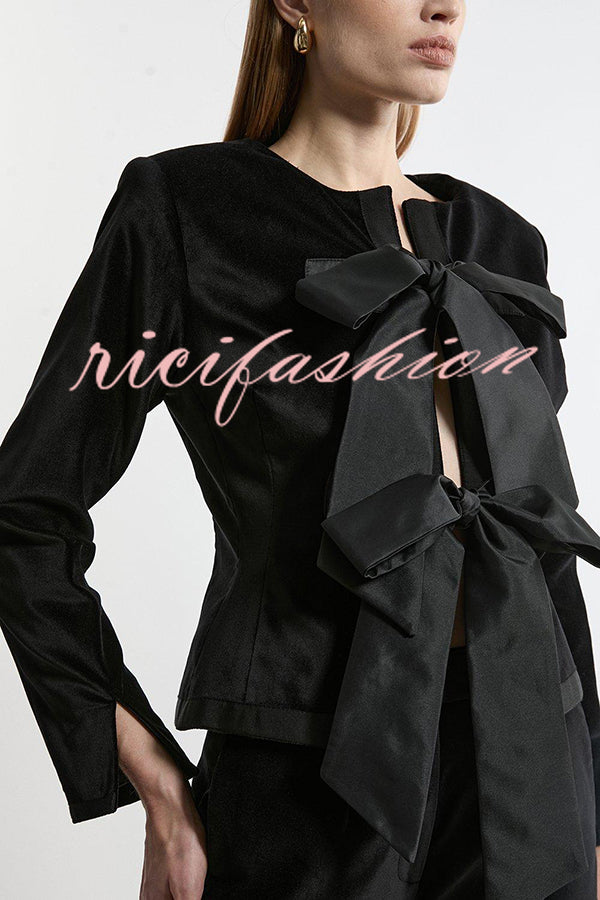 Cue The Cocktails Velvet Tailored Taffeta Bow Detail Peplum Jacket