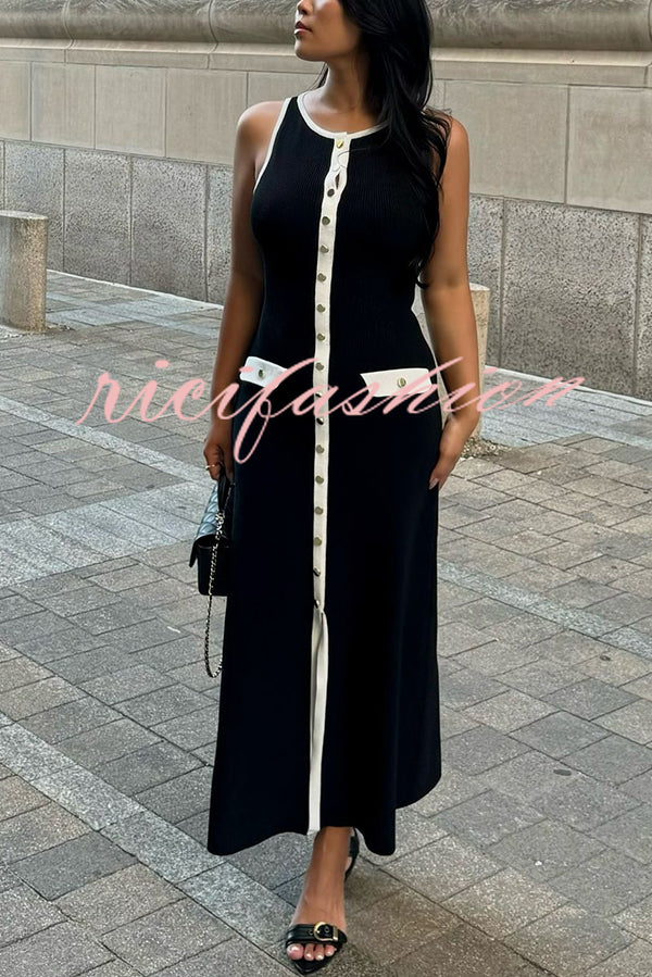 Elegant Slim Fit Crew Neck Buttoned Sleeveless Knit Midi Dress