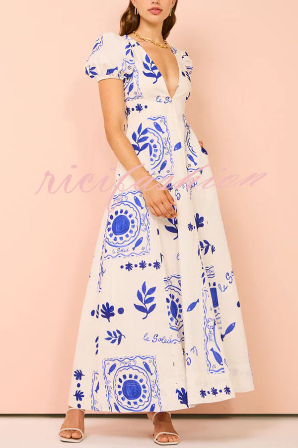 Embrace The Glamour Linen Blend Unique Print Puff Sleeve Pocketed Maxi Dress