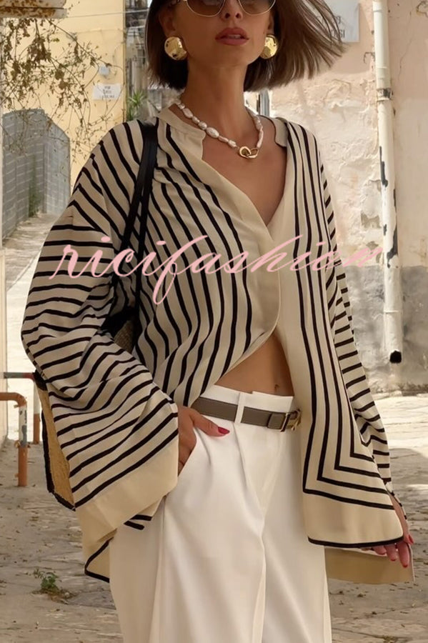 Comfortable and Effortless Striped Long Slit Sleeve Button Relaxed Loose Blouse