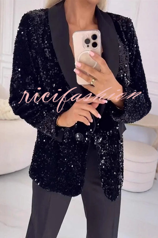 Fashion Sequin Lapel Long Sleeve Casual Blazer