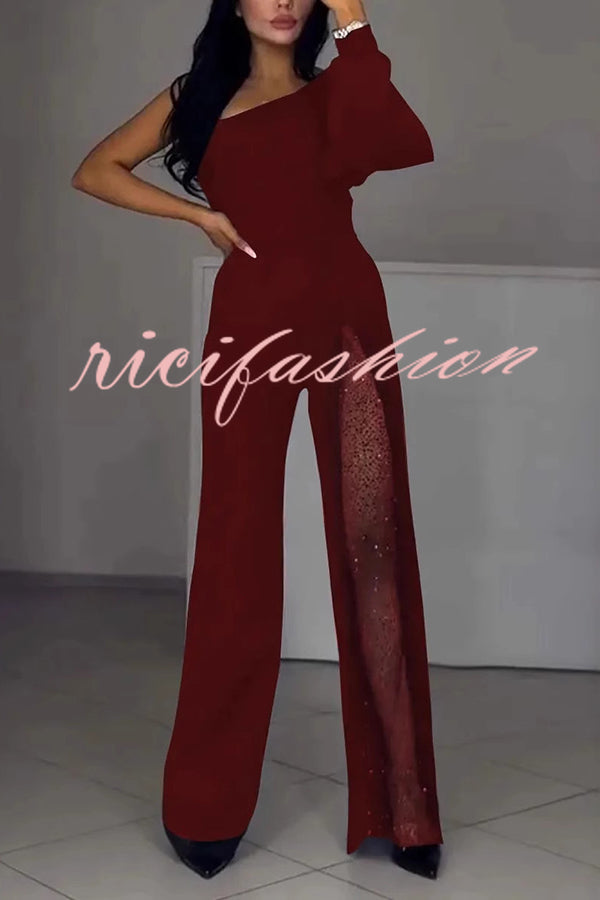 Fashionable Oblique Shoulder One-sleeve Sexy High Slit Slim Jumpsuit