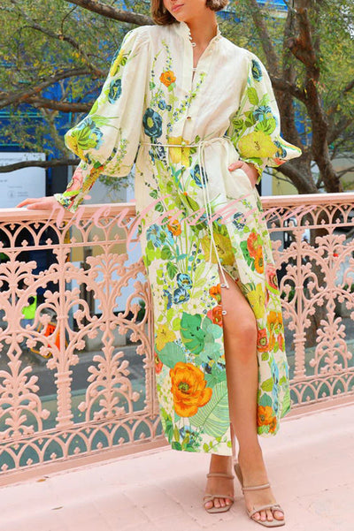 Summer Party Floral Print Balloon Sleeve Pocketed Belt Shirt Midi Dress