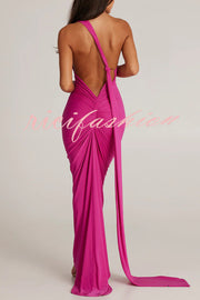 Sexy Backless Pleated Slim Solid Color Sleeveless Elegant Maxi Dress