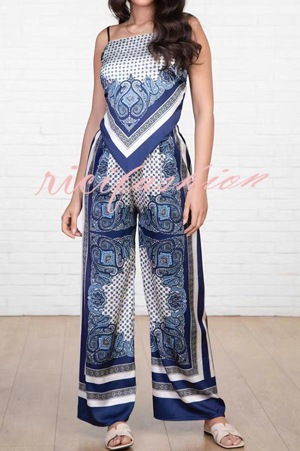 Unique Printed Sling Backless Strappy Top and Elastic Waisted Loose Pants Set