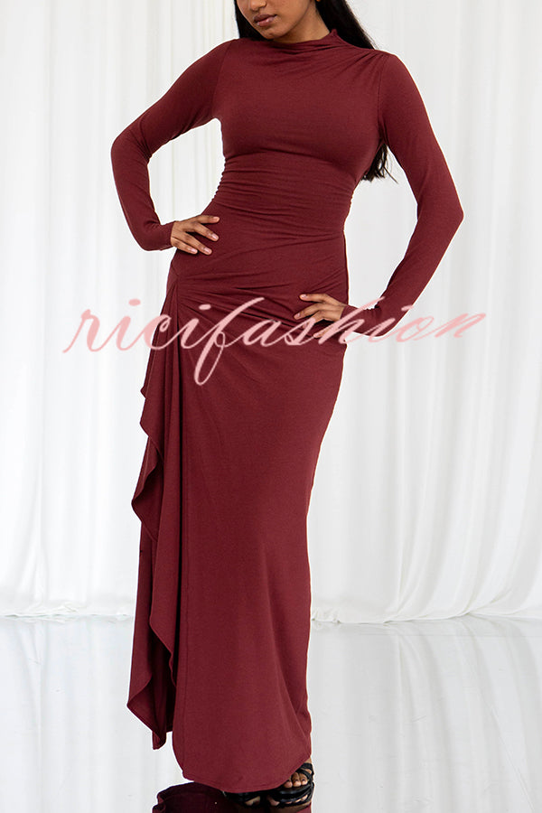 Venus Long Sleeve Ruched Side Slit Drape Ruffles Back Lace-up Stretch Maxi Dress