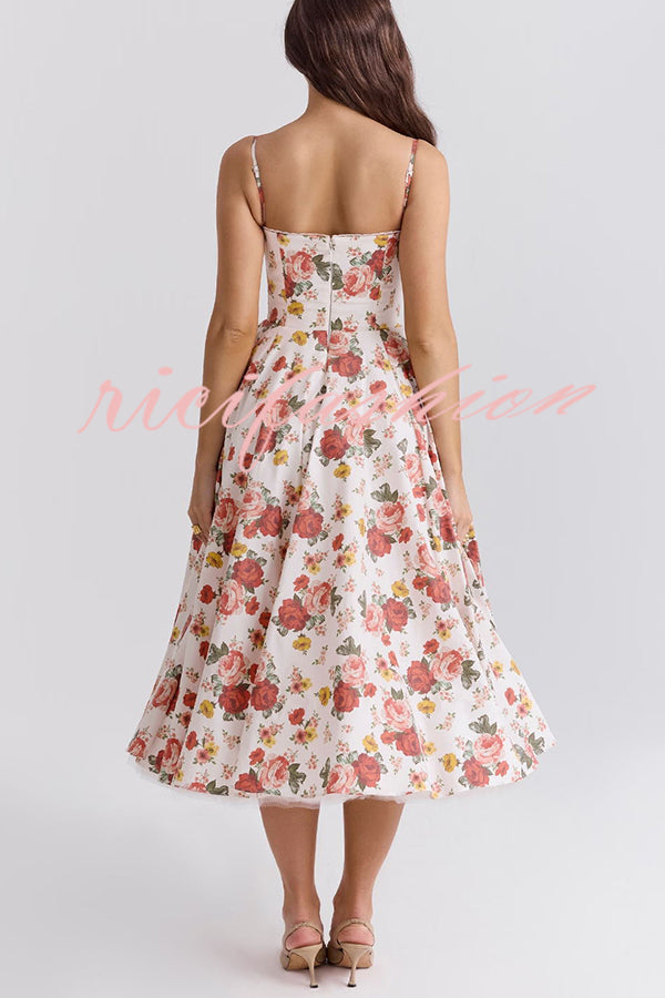 Fairy Tale Gorgeous Italian Rose Print Tulle Pocketed Slip Midi Dress