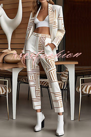 Unique Print Lapel Long-sleeved Suit Jacket and Loose Pocket Pants Set