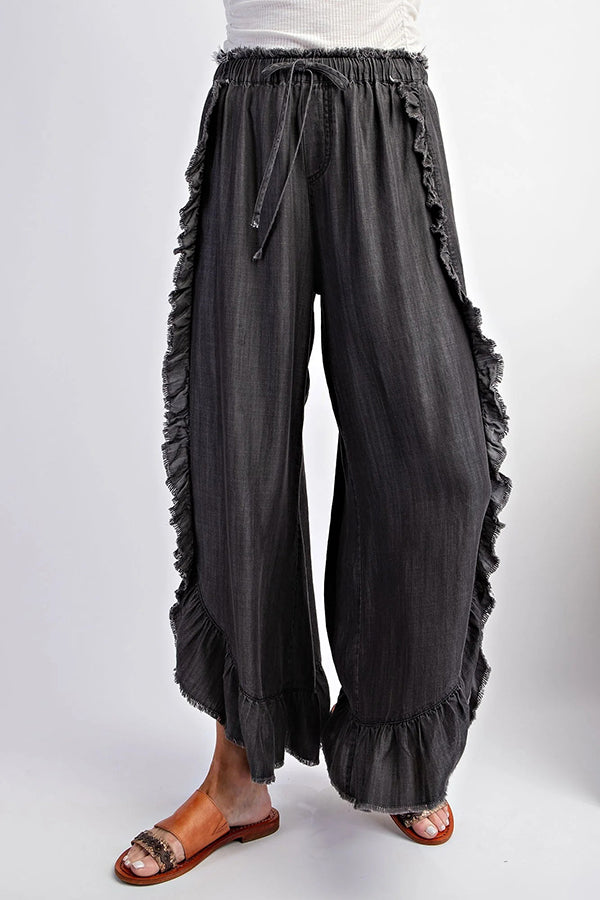 Solid Color Ruffled Elastic Waist Tie Loose Denim Flared Pants