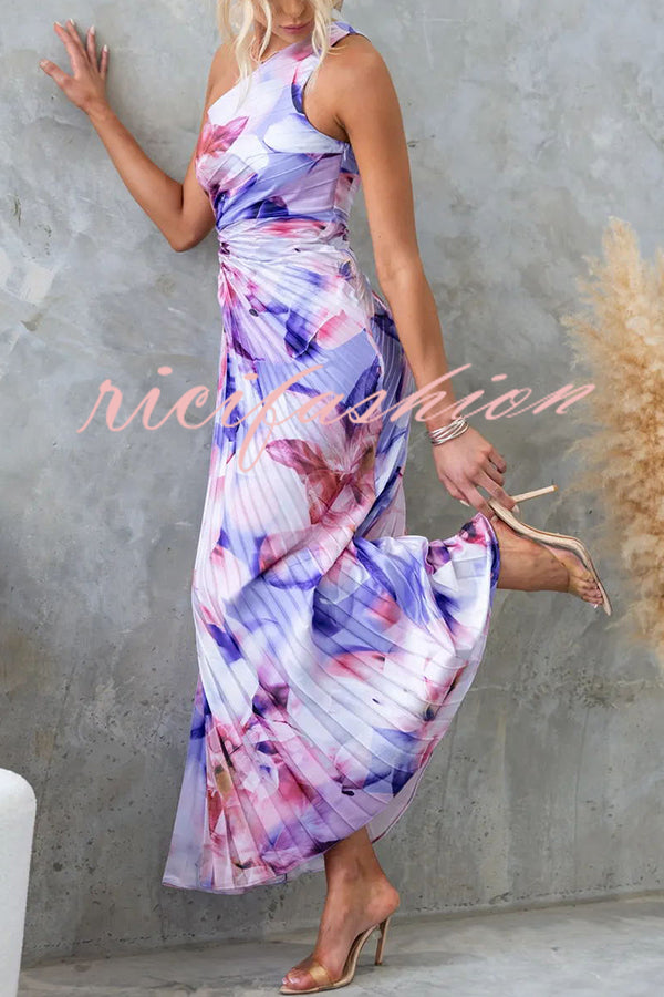 Laken Floral Print One Shoulder Adjustable Tie Cutout Pleated Maxi Dress