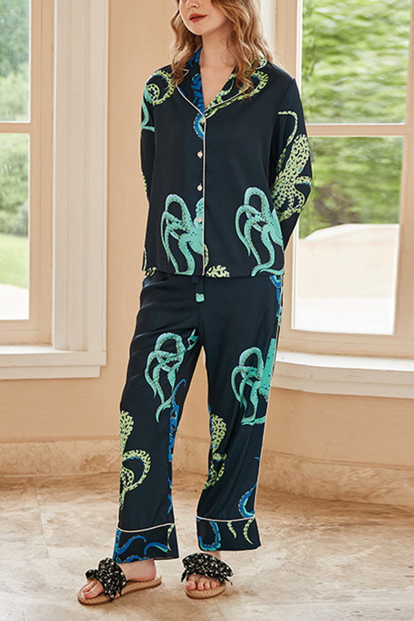 Black Octopus Print Home Long-sleeved Two-piece Set