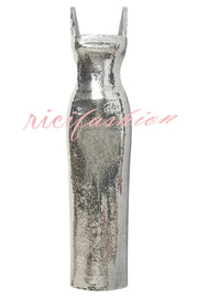 Eye Catching Sequin Cutout Waist Wide Strap Bacakless Maxi Dress