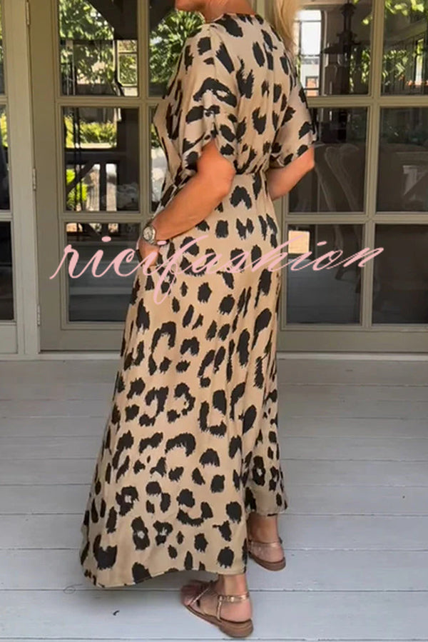 Leopard Print Casual Loose V-neck Short-sleeved Pocket Midi Dress