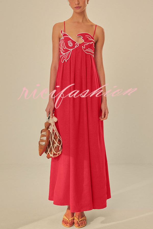 Red Fish Embroidered Sling Backless Maxi Dress