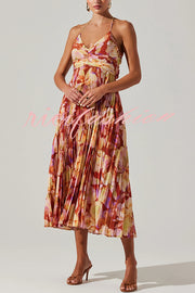 Wedding Party Season Floral Print Pleated Back Tie-up Midi Dress