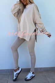 Solid Color Loose Long Sleeve SlitSweatshirt and Elastic Waist Tight Pants Set