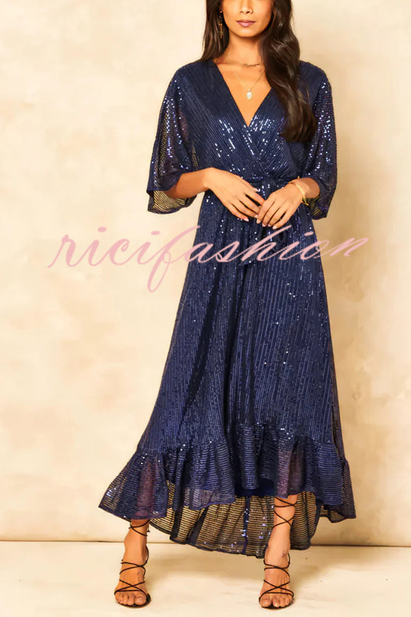 Solid Color Sequined V-neck Waist Tie Loose Maxi Dress