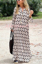 Unique Printed Long Sleeve V-neck Loose Maxi Dress