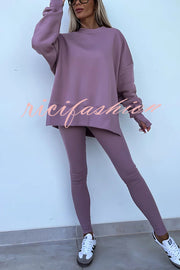 Solid Color Loose Long Sleeve SlitSweatshirt and Elastic Waist Tight Pants Set