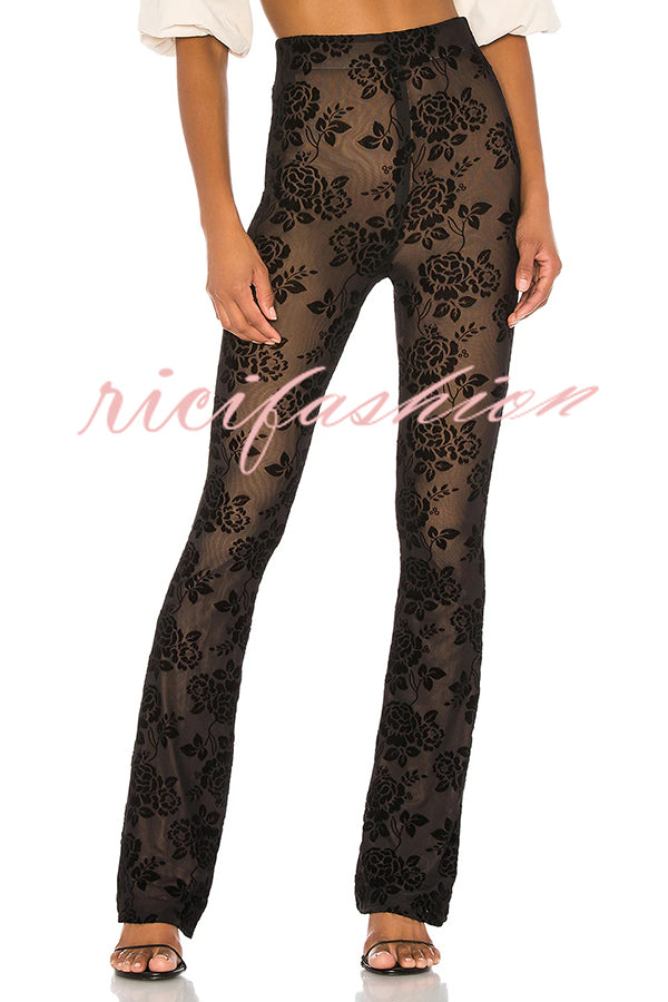 Romance Detail Flower Pattern Mesh Elastic Waist Stretch Flare Pants