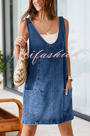 Solid Color Sleeveless V-neck Pocket Adjustable Denim Suspender Mini Dress