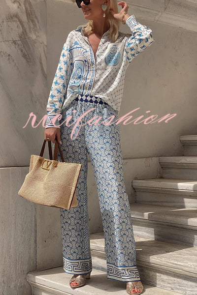 Stylized Dragon Satin Unique Print Long Sleeve Loose Shirt and Elastic Waist Pants Set