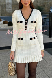 Stylish Waffle Contrast V-neck Ruffled Knitted Mini Dress