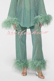 Glitter Fabric Feather Trim Long Sleeve Button Top and Elastic Waist Loose Straight Pants Set