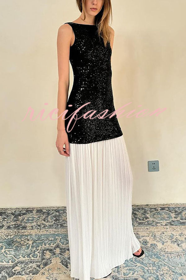 Sexy Backless Sleeveless Sequined Pleated Hem Maxi Dress