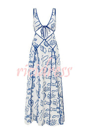 Love The Coastline Linen Blend Unique Print Cutout Tie-up Backless Maxi Dress