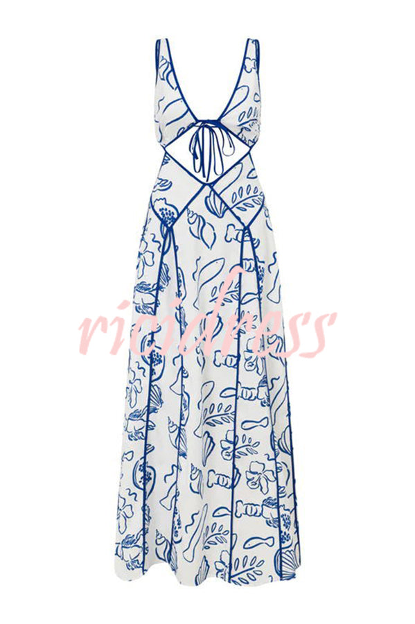 Love The Coastline Linen Blend Unique Print Cutout Tie-up Backless Maxi Dress