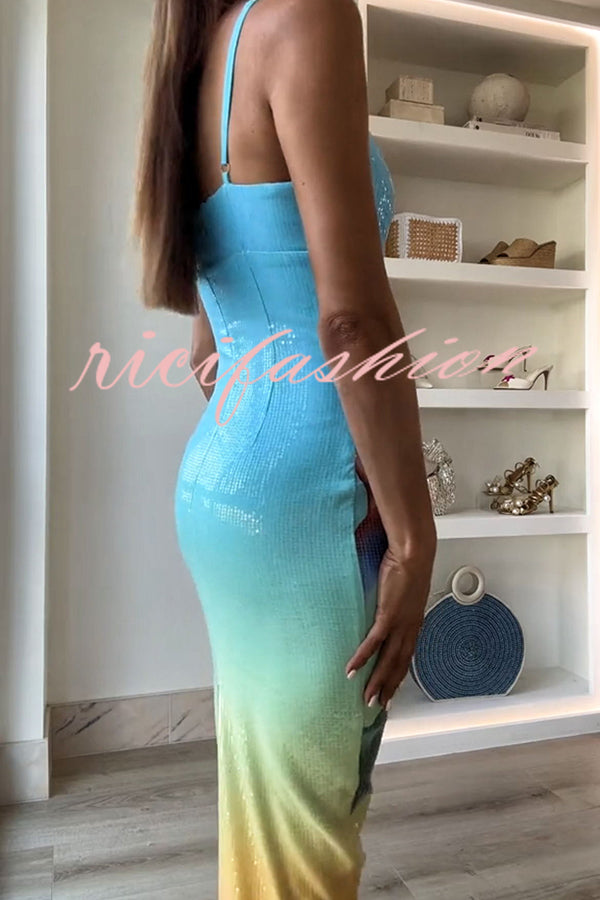 Dreamy Dreamy Sequin Unique Floral Gradient Print Slit Stretch Maxi Dress