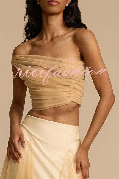 Romance Factor Semi-sheer Tulle One Shoulder Ruched Crop Top