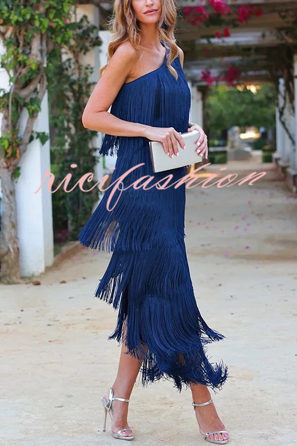 Stylish Fringed One Shoulder Asymmetric Midi Dress