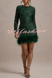 Party Must-have Sequin Long Sleeve Feather Trim Stretch Mini Dress