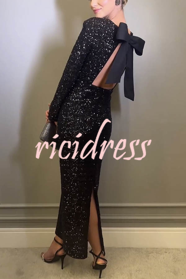 Looking To Party Sequin Padded Shoulder Backless Bow Design Maxi Dress