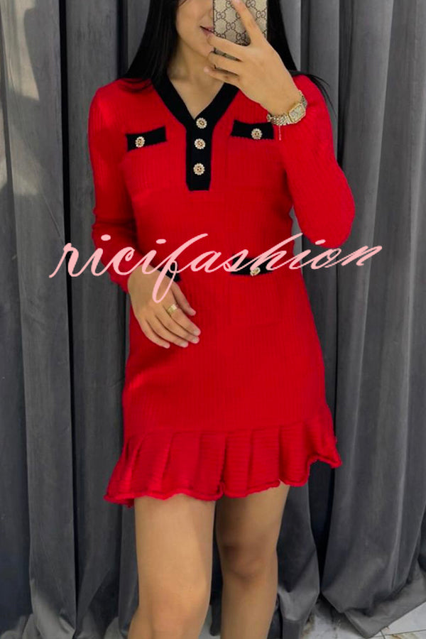 Stylish Waffle Contrast V-neck Ruffled Knitted Mini Dress