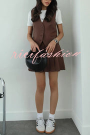 Solid Color Sleeveless Buttoned Vest and High-waisted Pleated Mini Skirt Set