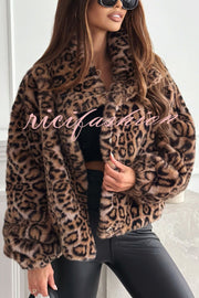 Stylish Leopard Print Lapel Long Sleeve Short Coat