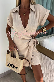 Relaxing Beach Linen Blend Solid Color Wrap Loose Shirt Romper