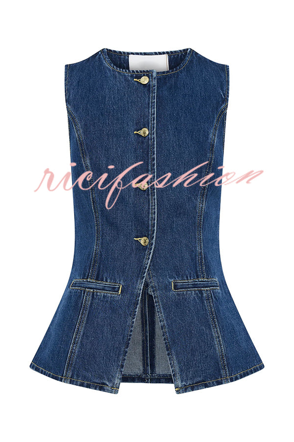 Abel Denim Button Up Princess Seams Pocket Vest Top