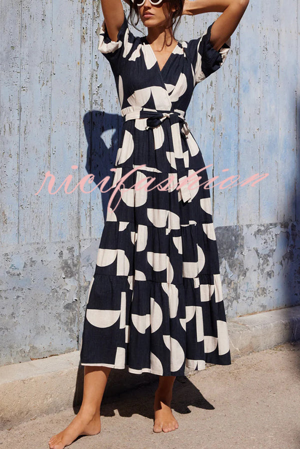 Unique Printed V-neck Puff Sleeves Tie Waist Midi Dress