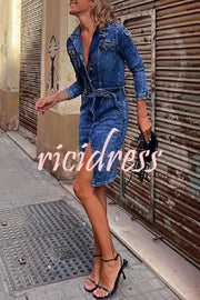 Autumn Treasure Washed Denim Button Up Pocketed Shirt Mini Dress