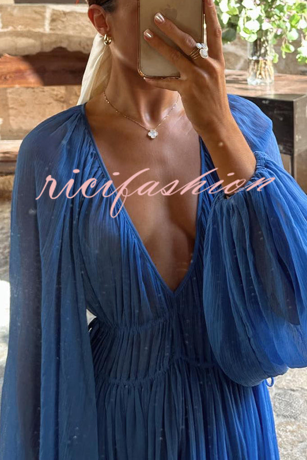 Blue Gemstone Chiffon Ruched Gathered Waist Maxi Dress