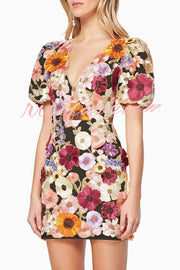 Garden Gala Embroidered Floral Applique Puff Sleeve Mini Dress