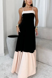 Fashionable Contrast Color Stitching Sling Maxi Dress